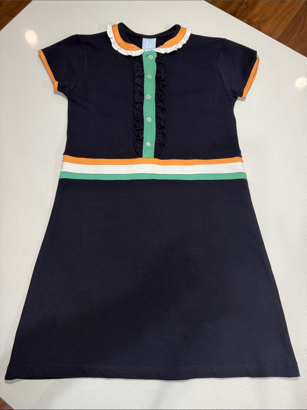 bella bliss Navy Knit Dress with Orange, Green & White Trim